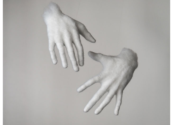 »Hands«, feltet polyester wool, approx. life size, installation view, 2013