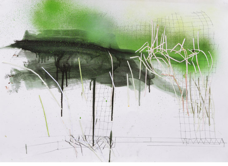 »Böschung #3«, Collage, Akrylspray, Öl, Bleistift auf Papier, 42 x 60 cm, 2010