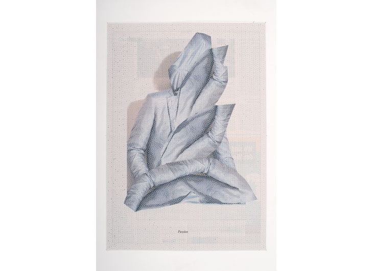 »Passion«, Zeitungspapier Collage, ganzseitig vernäht, 57 x 40 cm, 2012