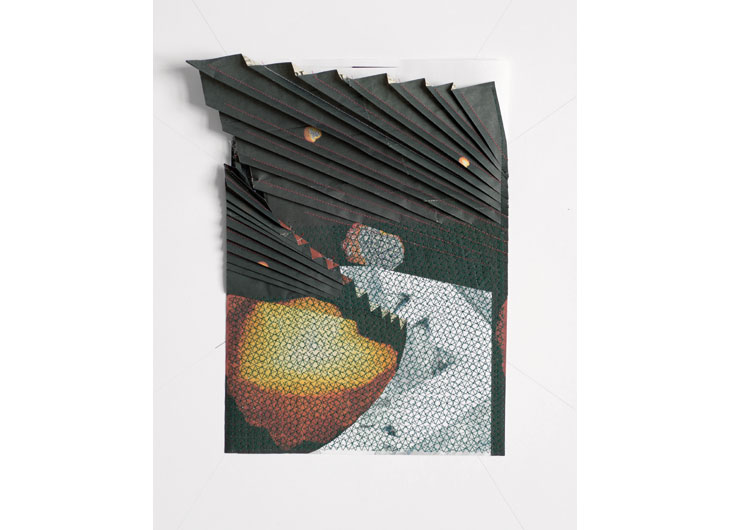 »ohne Titel«, Zeitungspapier und Ölfarbe, gefaltet und flächig vernäht, 21 x 30 cm, 2012
